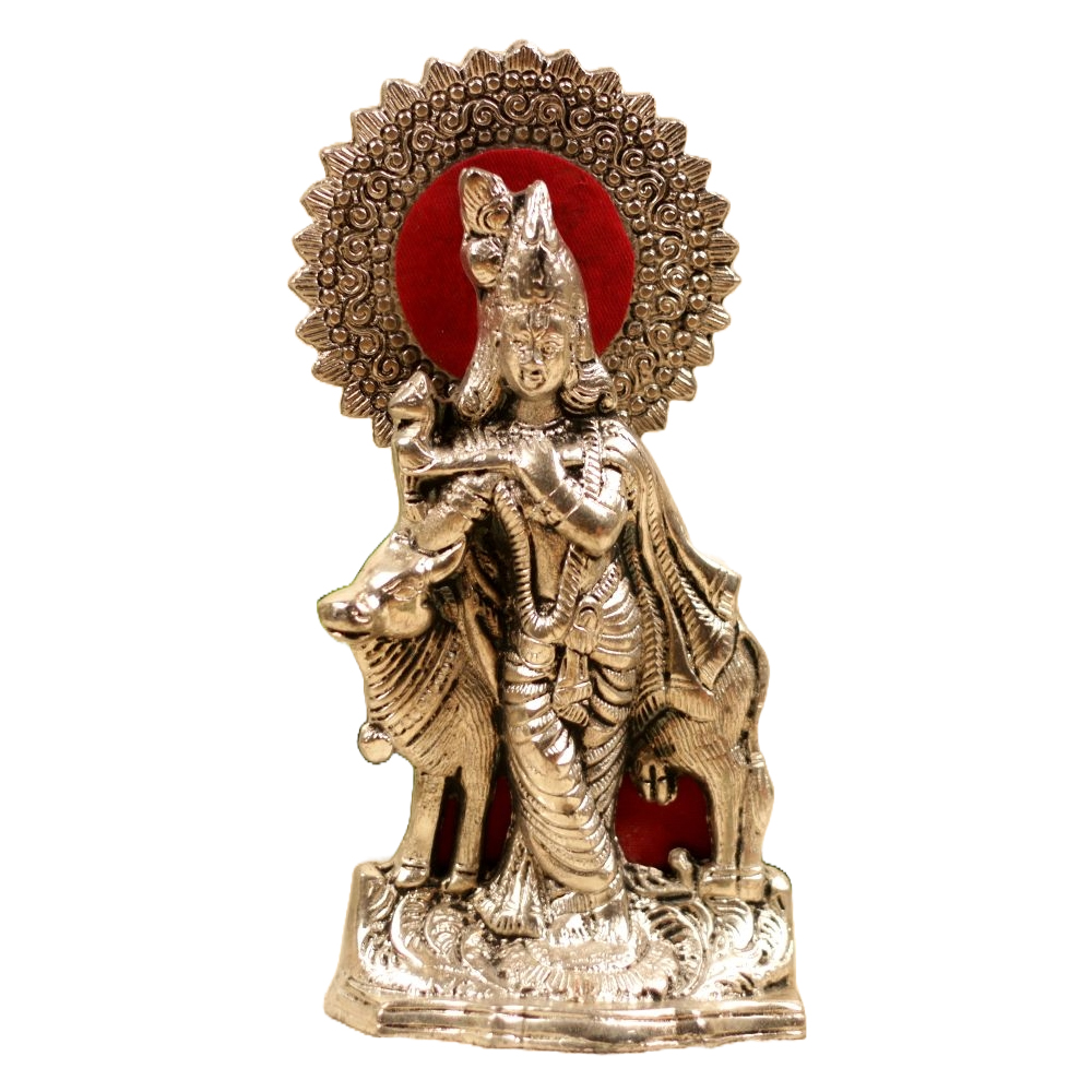 Metal Silver Krishna with Cow On Base Silver Plated Showpiece Decorative for Home, Decorative Showpiece